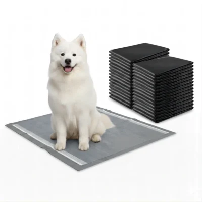 Heavy duty charcoal puppy pads with activated carbon layer for 24-hour odor control and rapid liquid absorption.