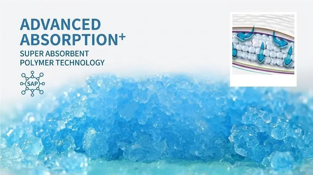 Close-up of blue SAP gel showing advanced super absorbent polymer technology for professional pet training pads.