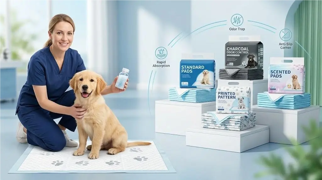 Premium pet training pads wholesale banner from Honway Pet factory, featuring standard, charcoal, scented, and custom printed options with veterinary quality and high absorbency, clearly showing clear paw prints on the pads for a realistic product presentation.