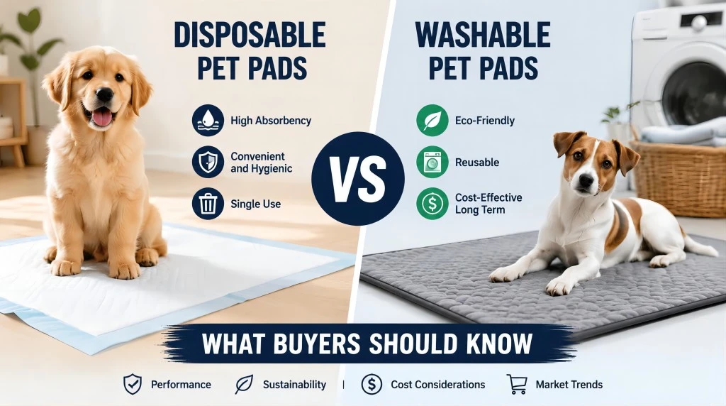 Comparison between disposable and washable pet pads with dogs in indoor home settings, showing convenience, absorbency, sustainability, and reusable features for modern pet care buyers.