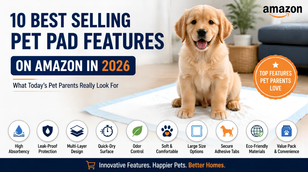 Bright and modern 16:9 infographic showing a golden retriever puppy on a disposable pet training pad, highlighting the 10 best-selling features on Amazon in 2026, including high absorbency, leak-proof design, multi-layer structure, quick-dry surface, odor control, large size options, secure adhesive tabs, eco-friendly materials, and value pack convenience.