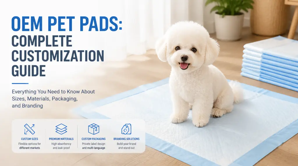 White fluffy small dog sitting on a blue disposable pet training pad in a clean indoor home environment, with OEM pet pad customization infographic showing sizes, materials, packaging, and branding options for B2B pet pad manufacturers.
