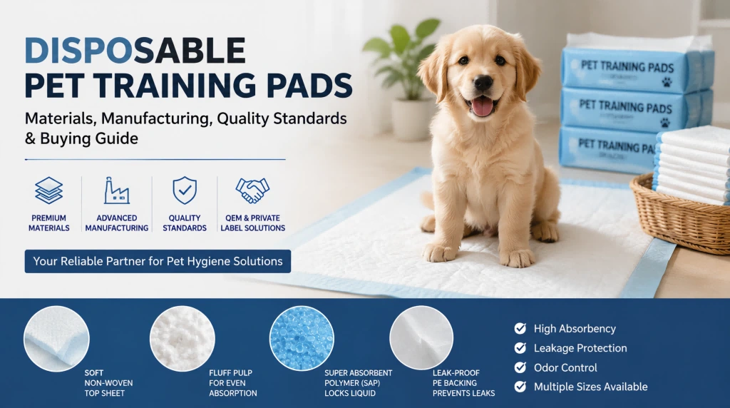 Disposable pet training pads guide showing puppy pads materials, manufacturing process, quality standards, and OEM solutions