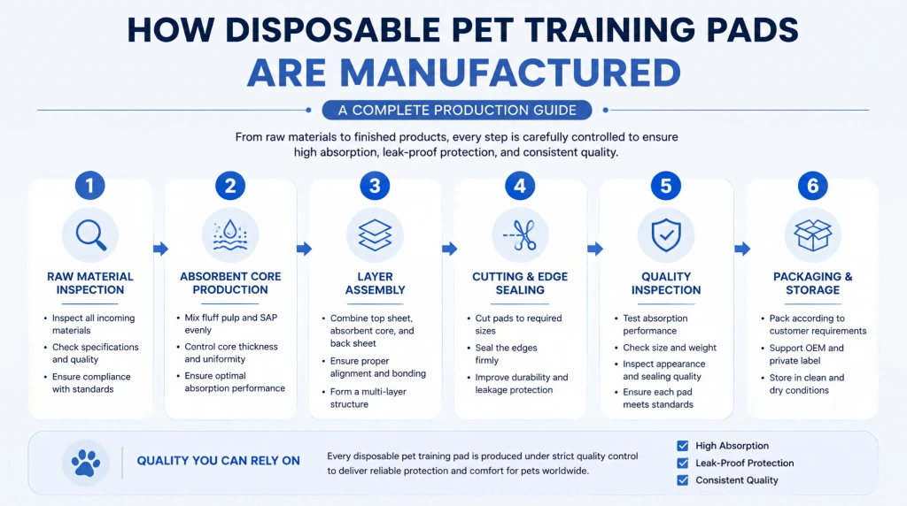 Disposable pet training pads manufacturing process infographic