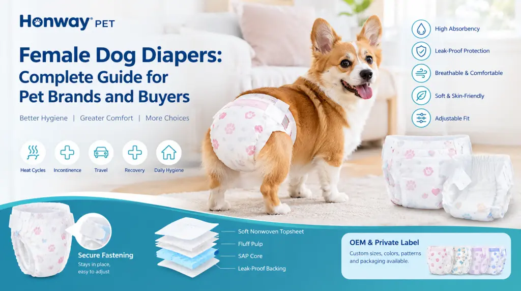 Female dog wearing a disposable dog diaper with absorbent, leak-proof, breathable, and adjustable design