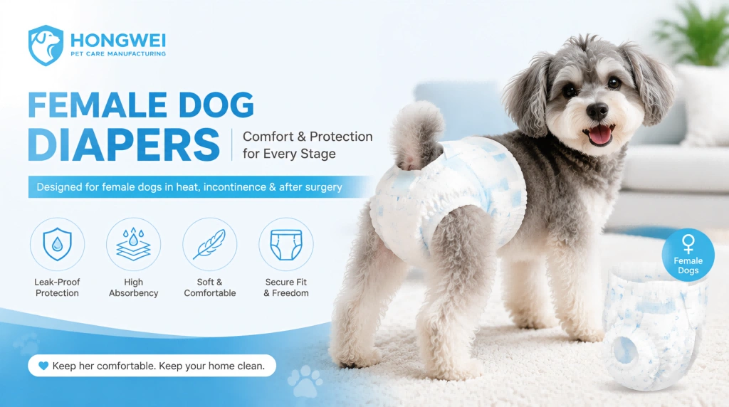 Hongwei female dog diaper product banner showing a fluffy gray-and-white puppy wearing a light blue patterned disposable diaper, with feature icons for leak-proof protection, high absorbency, soft comfort, and secure fit.