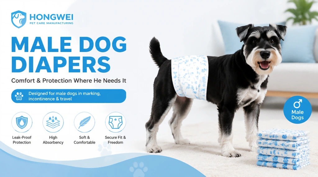 Hongwei male dog diaper product banner featuring a black-and-white Schnauzer wearing a blue paw-print wrap-style belly band, with feature icons highlighting leak-proof protection, absorbency, comfort, and secure fit.