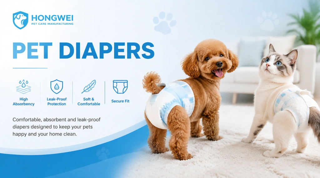 Hongwei universal pet diaper banner showing a brown toy poodle and a Ragdoll cat both wearing light blue patterned diapers, featuring absorbency, leak-proof, comfort, and secure fit icons.