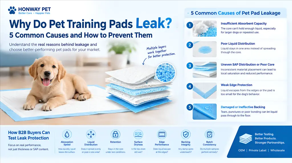 Why do pet training pads leak? Infographic showing five common causes, including insufficient absorbency, poor liquid distribution, weak edge protection, and damaged waterproof backing.
